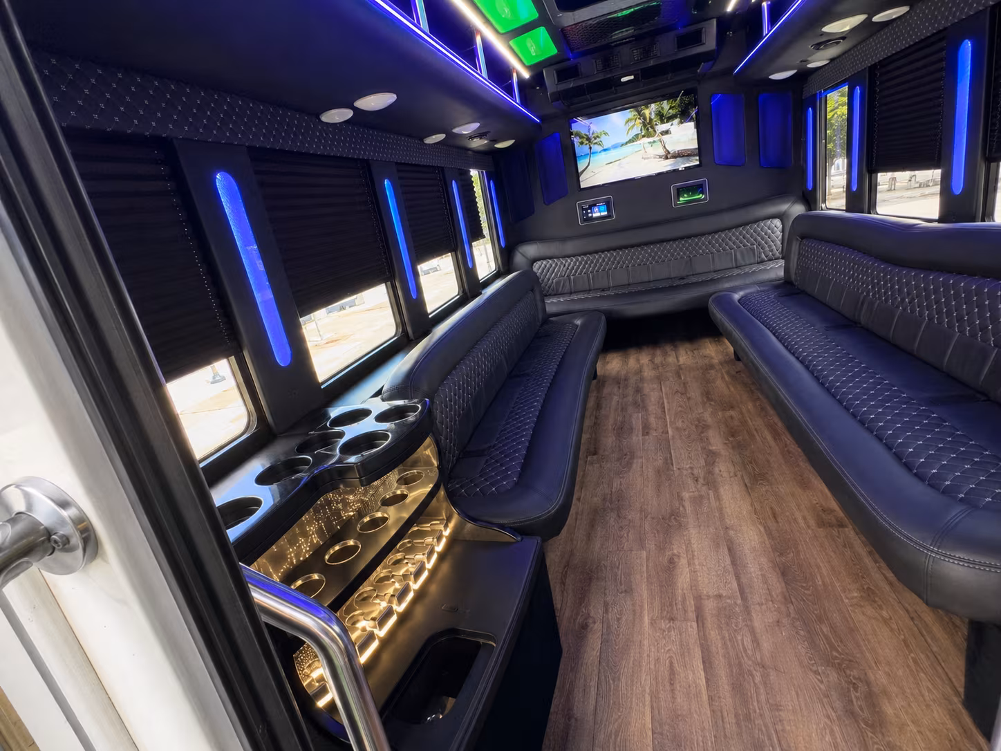 Passenger seating aboard a party bus rental serving Laredo