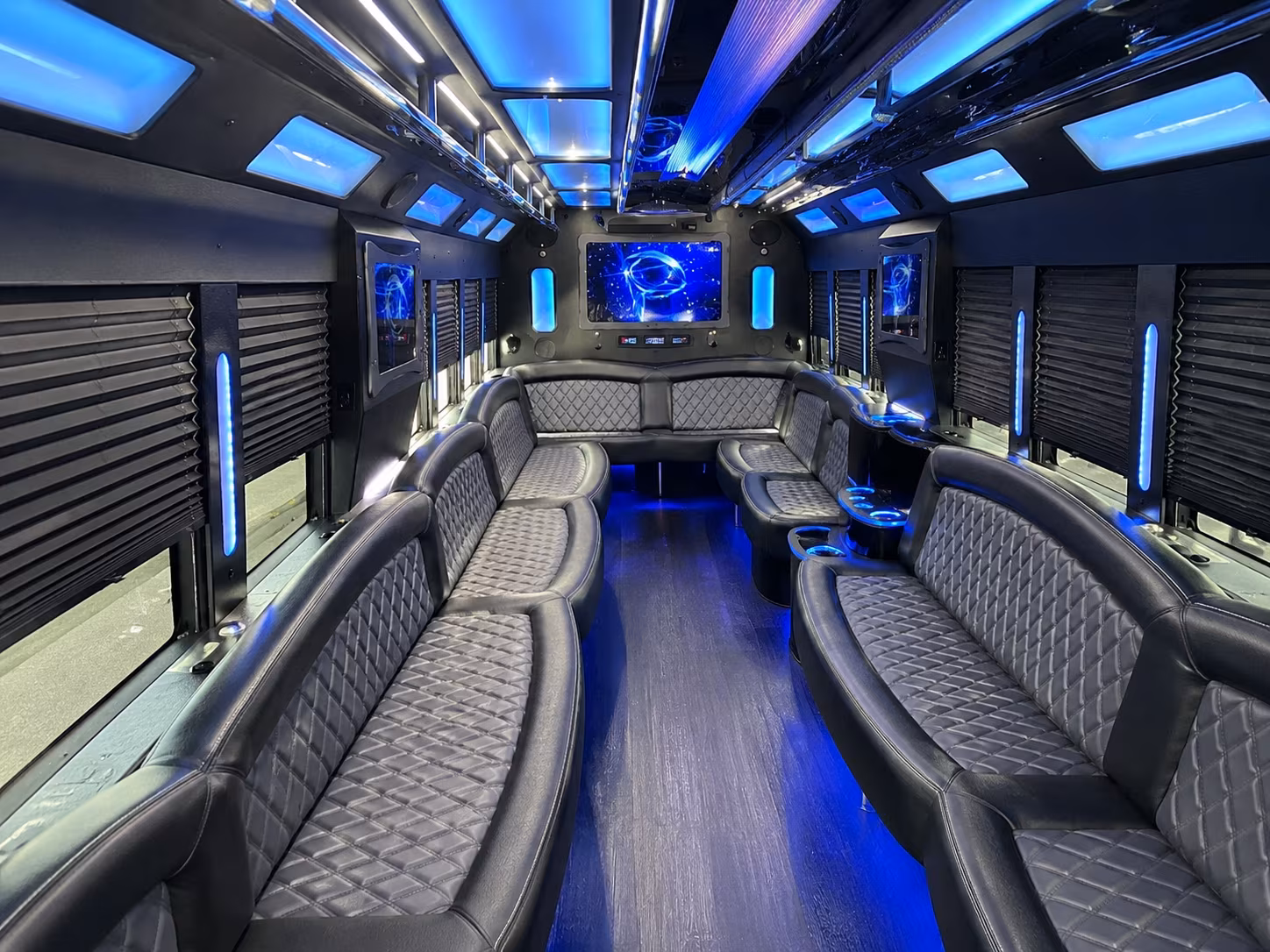 Wraparound seating inside a party bus rental serving Laredo